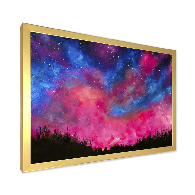 Aurore boréale en bleu et rose - reproduction sur toile flottante, Cadre doré, H 16 po x l 32 po x P 1 po