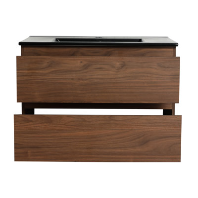 Meuble-lavabo mural de 30 po. Lavabo en céramique noire. 2 tiroirs à fermeture en douceur. Mobilier contemporain. Meuble-lavabo en contreplaqué avec lavabo. Fixation en douceur. Recouvrement.