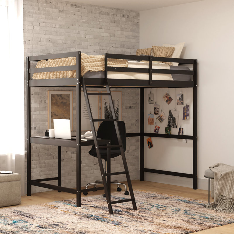 Lit mezzanine à lattes en bois avec bureau intégré et échelle Riley, Espresso, Simple