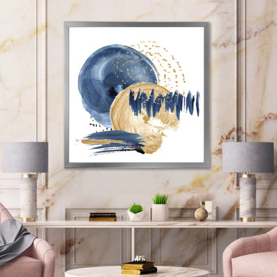 «Dark Blue and Gold Abstract Circle Ocean Texture», peinture sur toile à cadre flottant