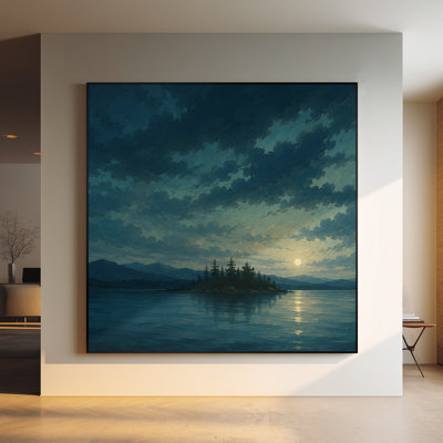 Très grande reproduction d'art sur toile - Paysage marin de nuit sereine avec une petite île aux silhouettes de pins sous un ciel de lune nuageux reflétant de l'eau et une atmosphère bleue fraîche pour le salon ou la chambre à coucher - «Assemblage requis (cadre non fini)»