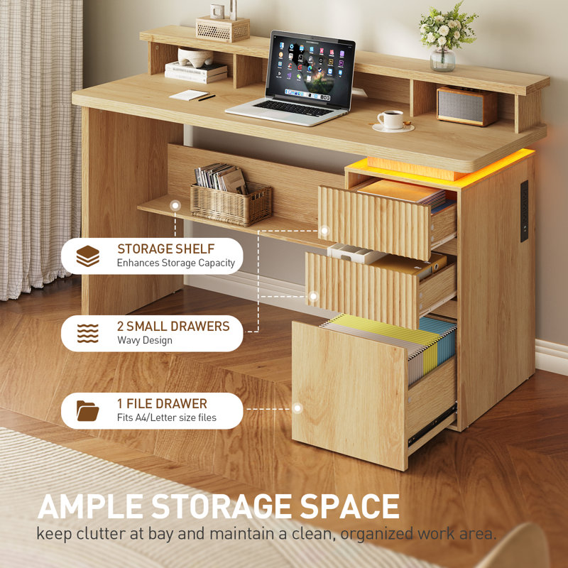 59" Executive Desk with Drawers and Power Outlet, Fluted Computer Desk with Monitor Stand and File Storage, Natural