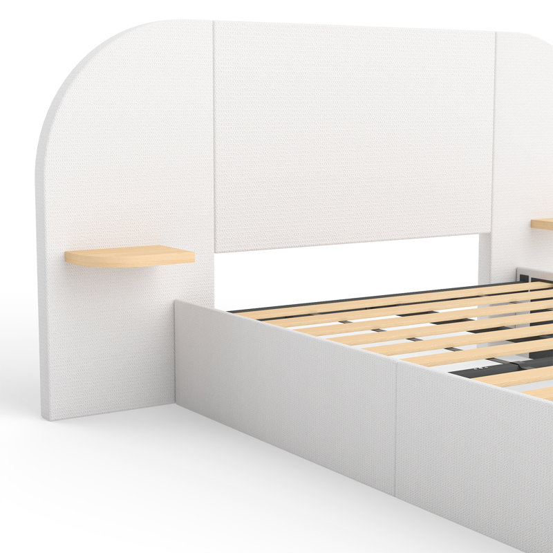 Upholstered Platform Bed Frame with 2 Floating Shelves, Queen