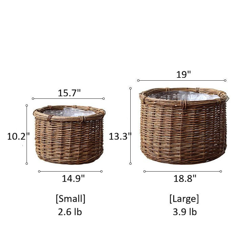 Rustic Round Wicker Planter with Liner, 13.3" H x 19" W x 19" D