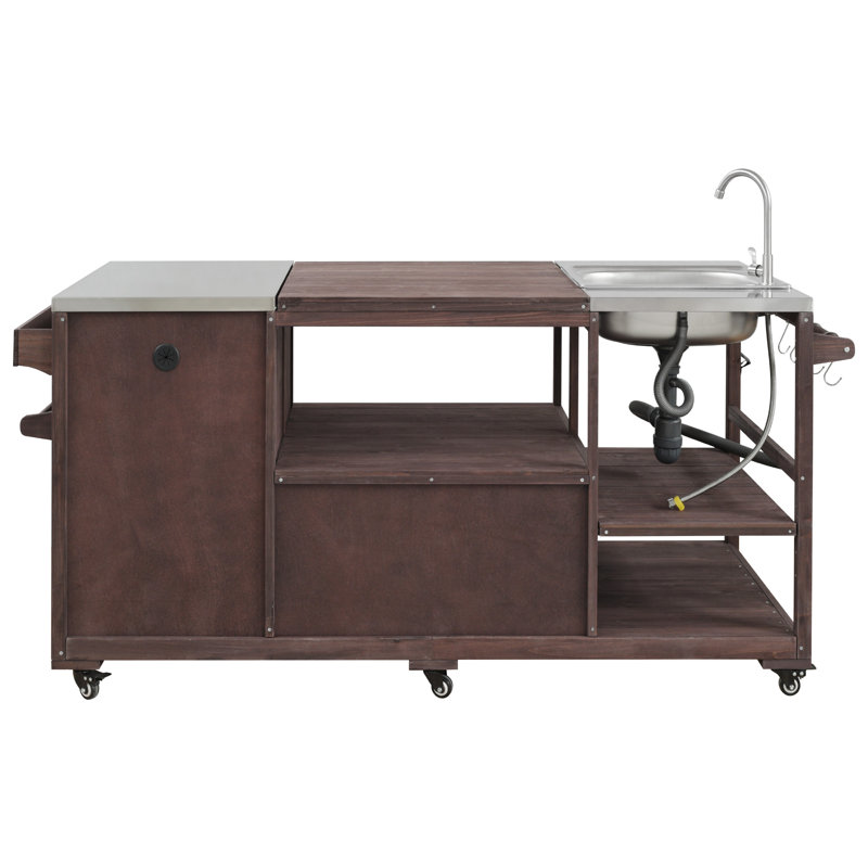 75.4" Outdoor Kitchen Island with Sink, Solid Wood Outdoor Grill Cart for XL Green Egg Grills, Rolling Outdoor Bar Cart with Stainless Steel Top, for Pizza Prep & BBQ