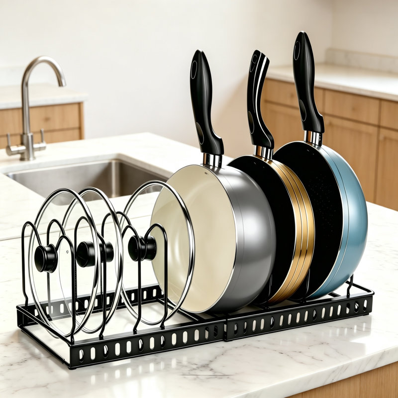 Organisateur de casseroles et poêles en métal, tablette extensible avec 7 séparateurs ajustables