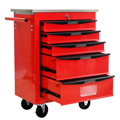 5 Drawer Tool Trolley With Key Locking - Powder Coated Steel Black&Red For Garage Cabinet Lockable Wheels Black And Red
