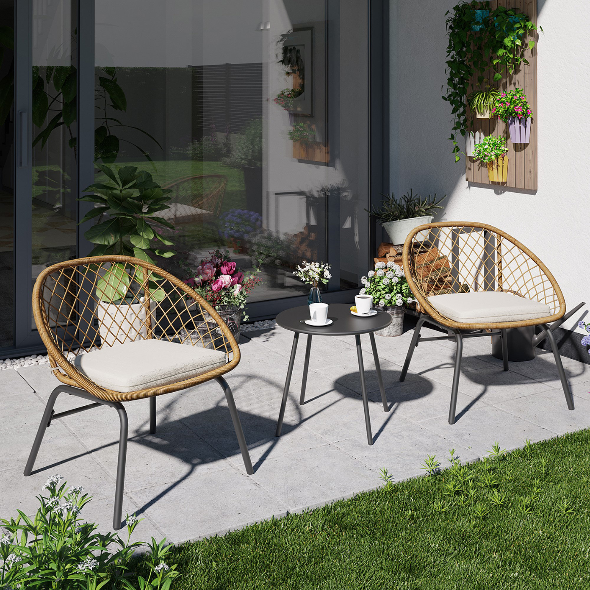 Corrigan Studio® 3 Piece Patio Bistro Rattan Chair & Table Set with Cushions "& Reviews" | Wayfair