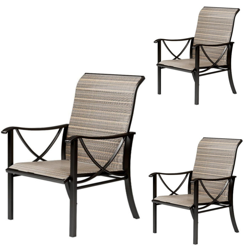 23.4" Wide Powder‑Coated Rust‑Resistant Metal Frame, Breathable PVC-coated polyester Polyester Fabric, Adjustable Feet Outdoor Dining Chair (Set Of 3)