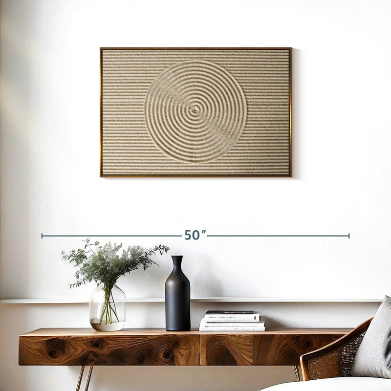 Cercles zen dans le sable, 31 po x 21 po, Cadre flottant doré