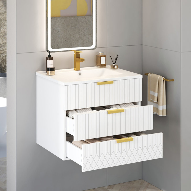 Armoire murale suspendue 24 po avec tiroir double, petit lavabo de salle de bain rectangulaire flottant avec trou de robinet simple et trop-plein, armoire de salle de bain moderne avec lavabo en céramique