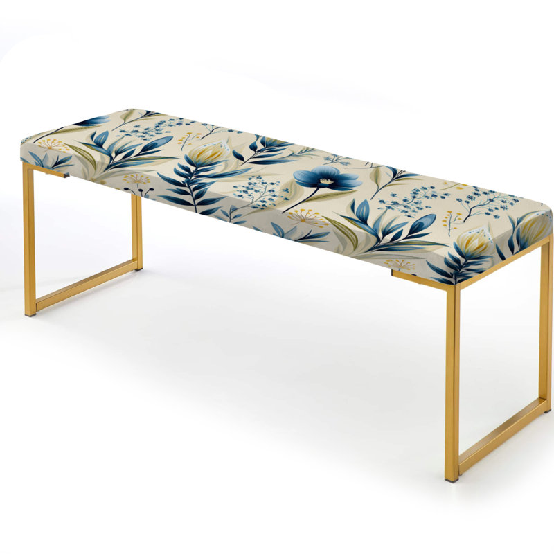 Floral Upholstered Gold Bench, Beige Coastal Blue