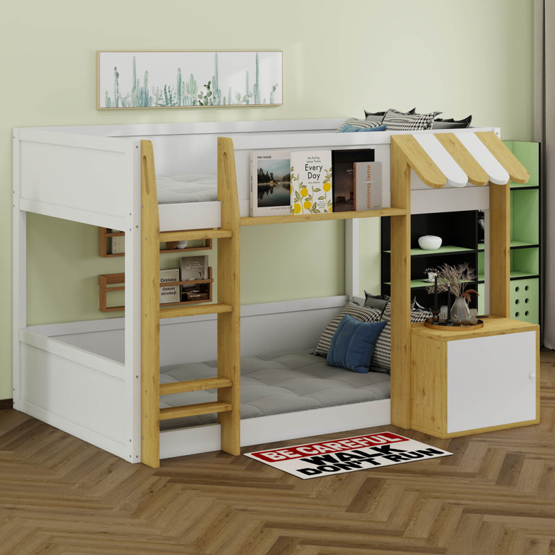 Lit superposé avec bureau, armoire de rangement et ports USB, lit superposé peu encombrant en bois massif avec échelle et garde-corps