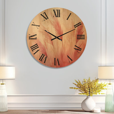 Oversized Boho Wooden Wall Clock – Blush Pampas Glow