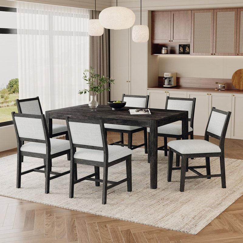 Ensemble de table de salle à manger 7 pièces Vintage avec charme rustique, grain de bois naturel et sièges confortables pour 6 personnes
