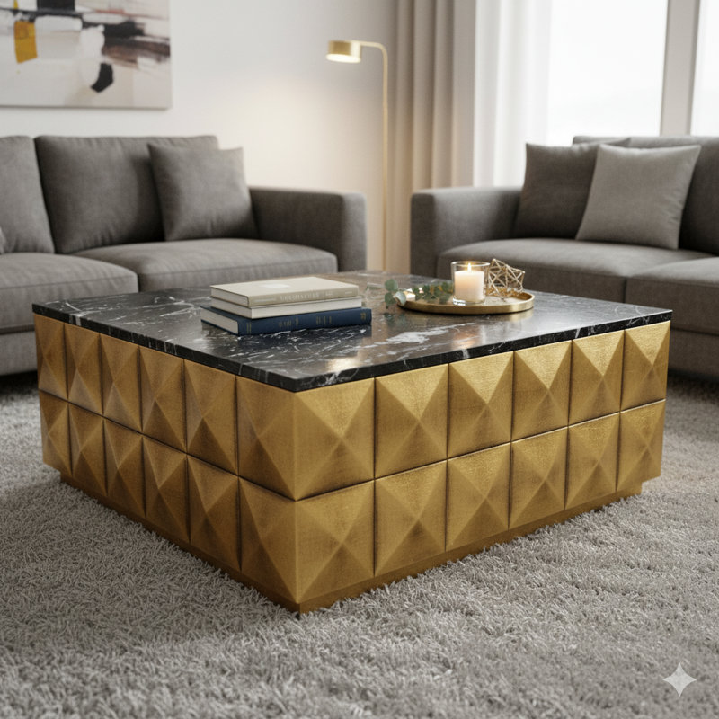 Table basse en laiton à losanges antiques avec plateau en marbre