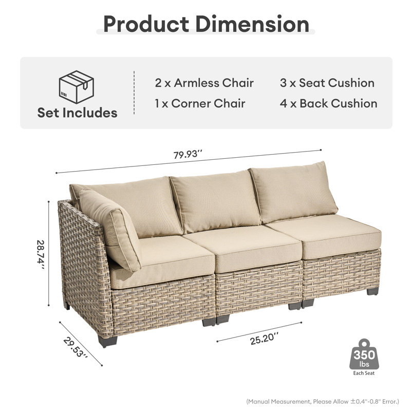 3-person  Outdoor Sectional With Cushions,all-weather Wicker Patio Set, Beige