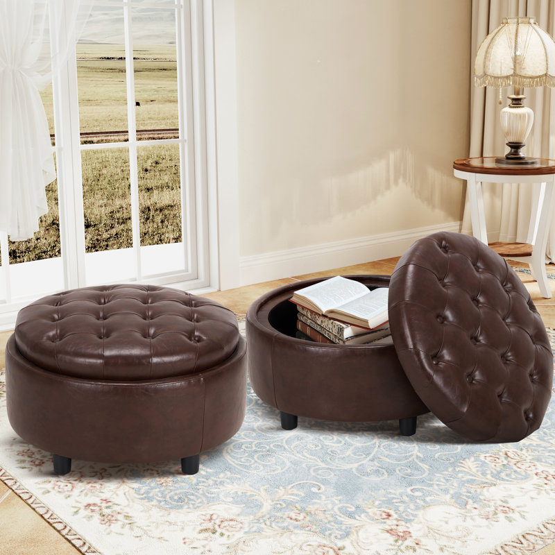 25'' Upholstered Round Storage Ottoman with Tufted Cushion, Brown