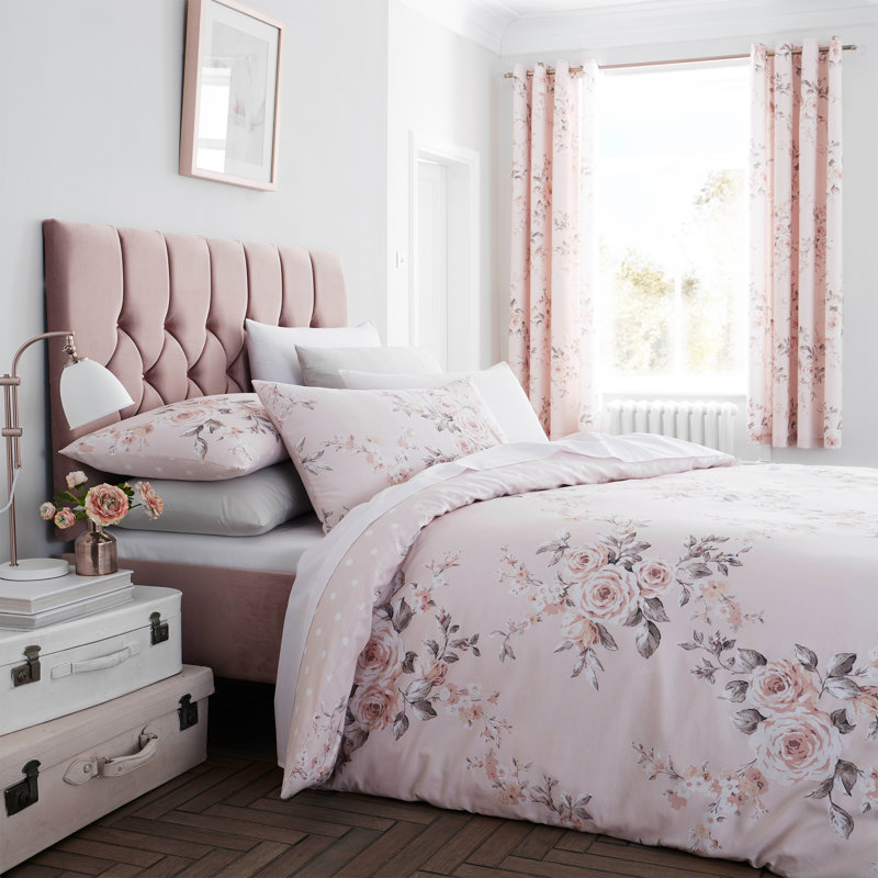 Canterbury Floral Lined Eyelet Curtains, Blush