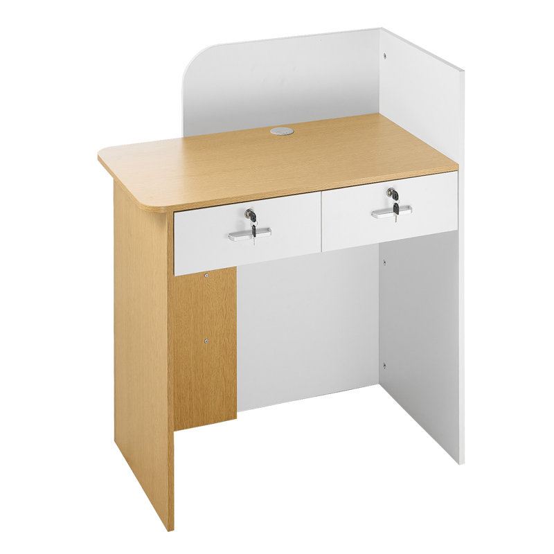Reception Desk, 31.5 inch Rectangular Front Counter Table, Modern Office Reception Desk with LED Light, 2 Drawers & Power Outlets, Retail Counter Table for Checkout, Lobby, Beauty Salon, Office