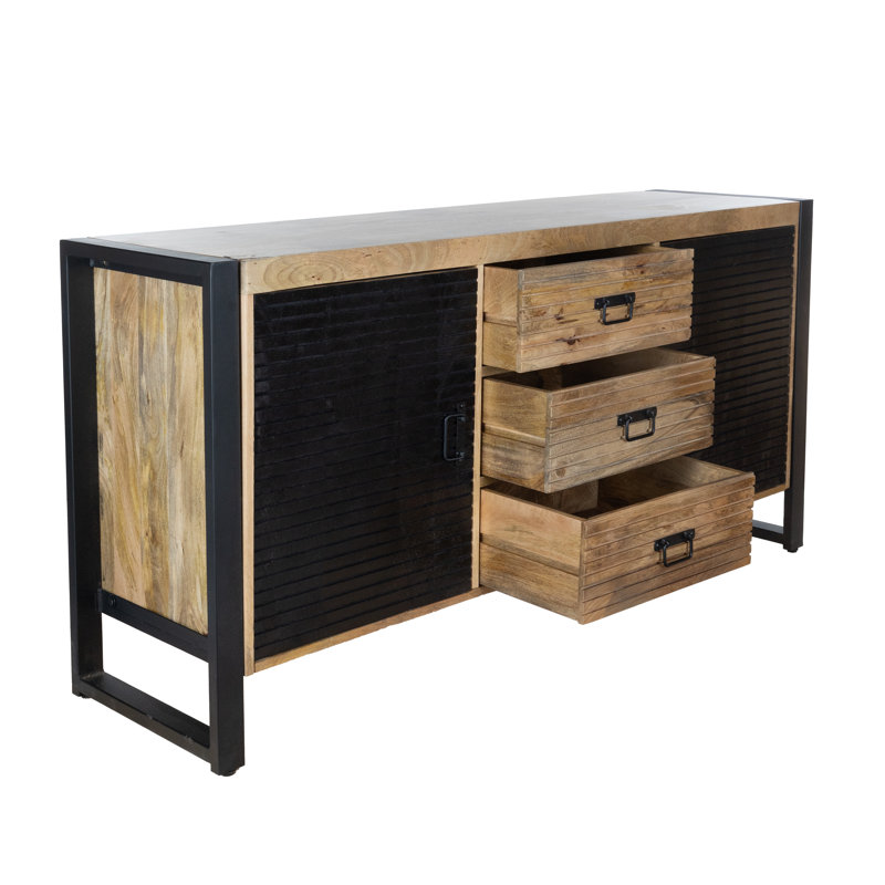Buffet 63 pouces en bois de manguier avec 3 tiroirs et armoires sur structure en métal