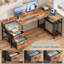 Bureau en L avec station de charge, 2 tiroirs en tissu et tablettes réglables, bureau d'ordinateur pour petits espaces-130085496-130085495