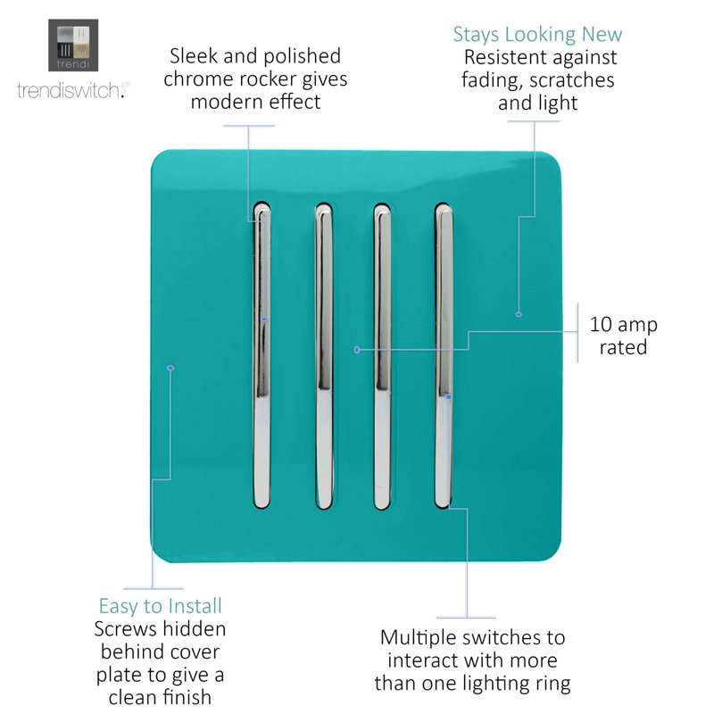 Trendi Switch 4 Gang 1 or 2 way Rocket Light Switch, Bright Teal