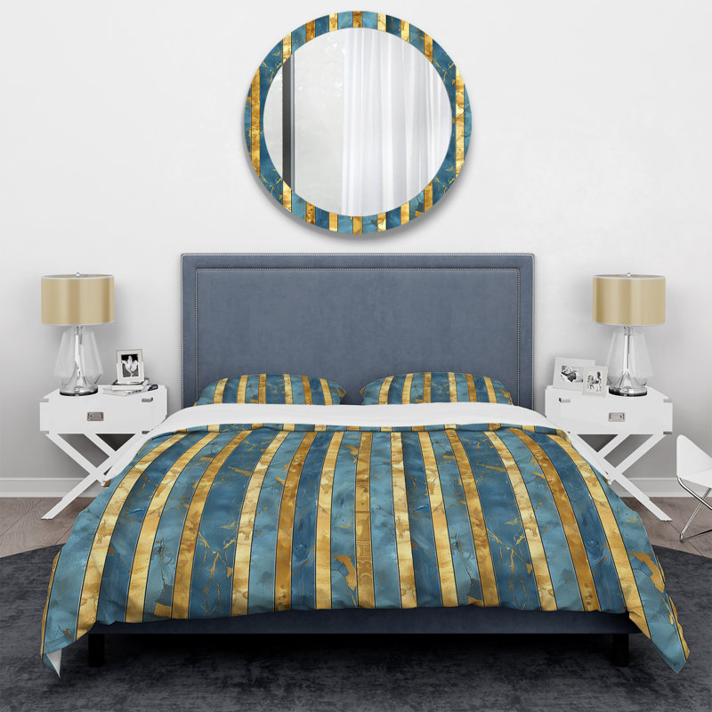 Blue Gold Glam Stripes - Ensemble de housse de couette Glam, Housse de couette pour grand lit + 2 taies décora