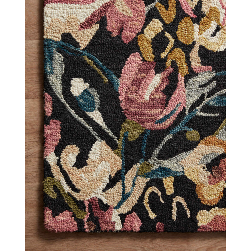 Tapis en laine crocheté à la main noir / rose Odea, Rectangle 8 pi 6 po x 11 pi 6 po