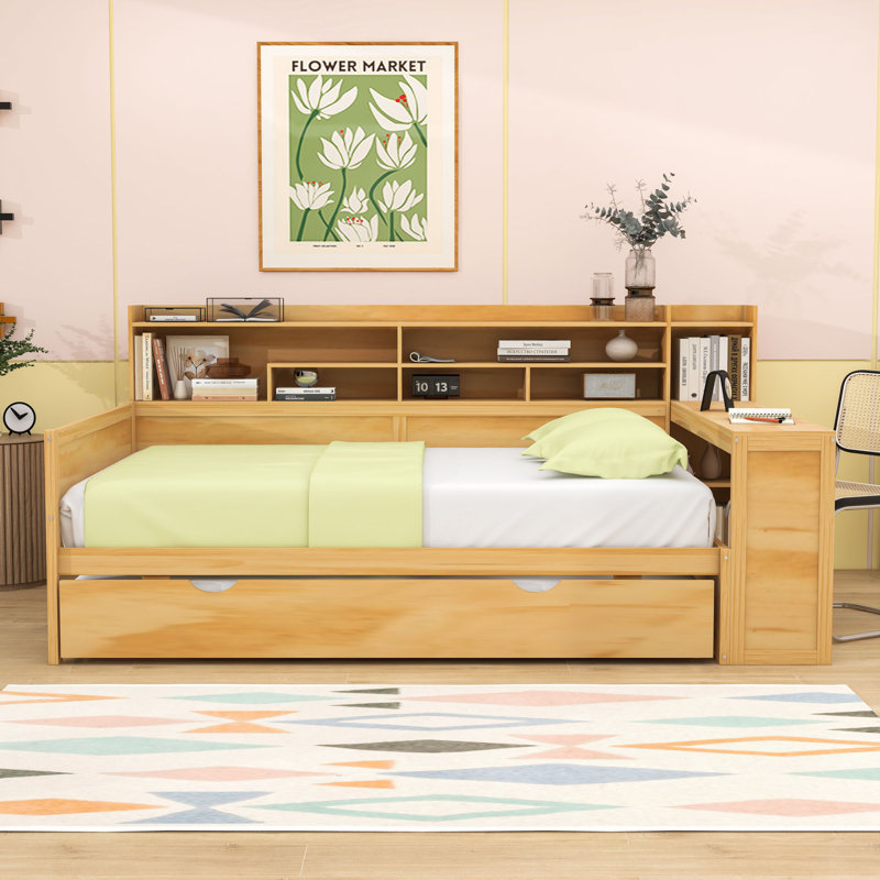 Lit de jour en bois avec tablettes, lit gigogne et bureau, Naturel, Complet/Double
