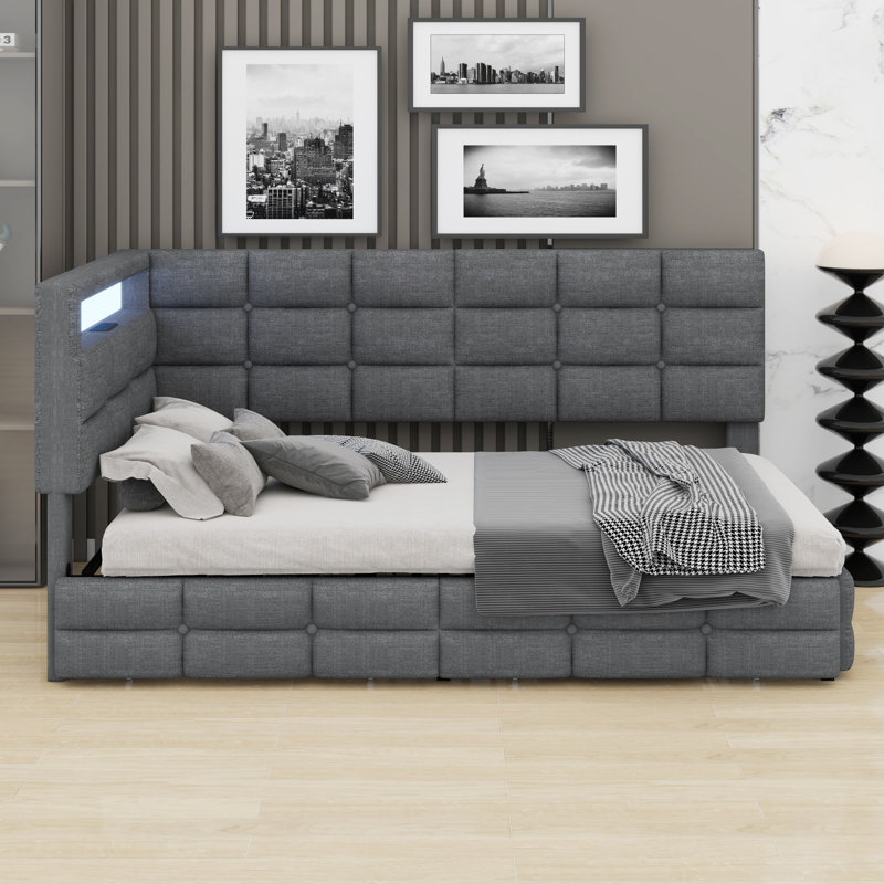 Upholstered Daybed With Storage 2 Drawers And Charging Station, Day Bed Frame With LED Lights And Storage Headboard, Gray