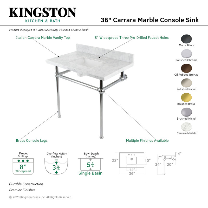 Kingston Brass Templeton 36-Inch Carrara Marble Console Sink with Brass Legs (8-Inch, 3-Hole), White/Matte Black