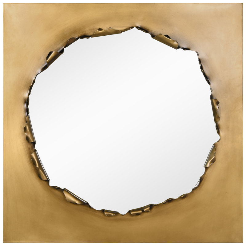Antique Gold Torn Edge Square Mirror Featuring a 4.8" Brushed Antique Gold Iron Frame
