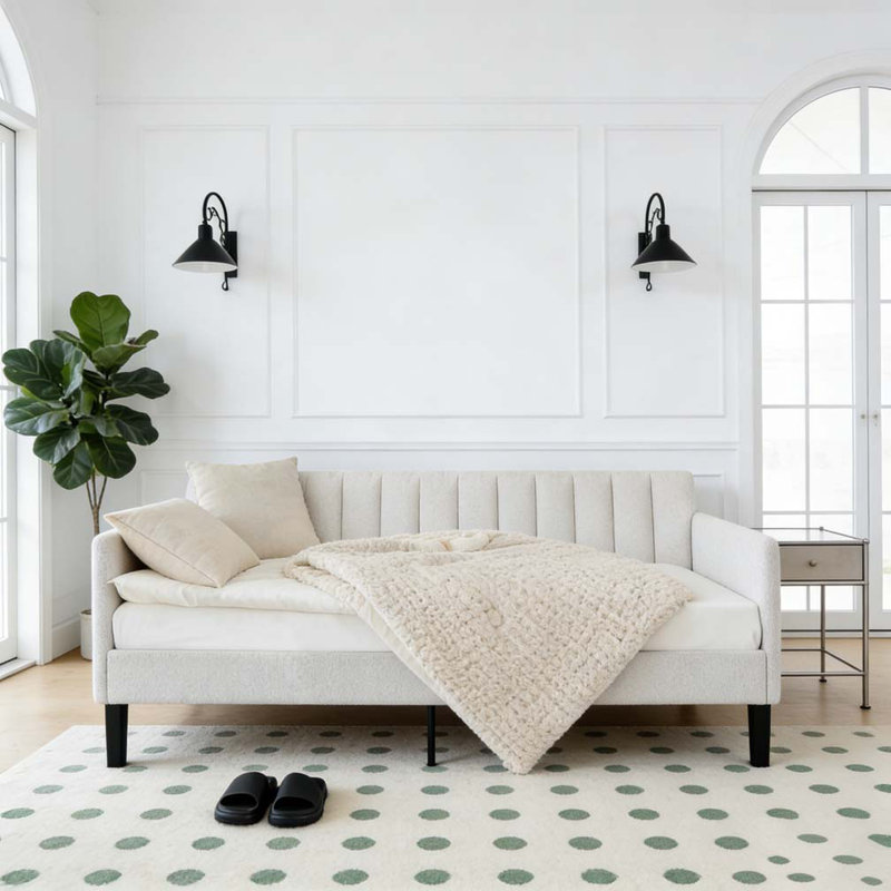 Upholstered Daybed Ribbed Tufted Backrest Modern Design Foam Comfort, Ivory Boucle
