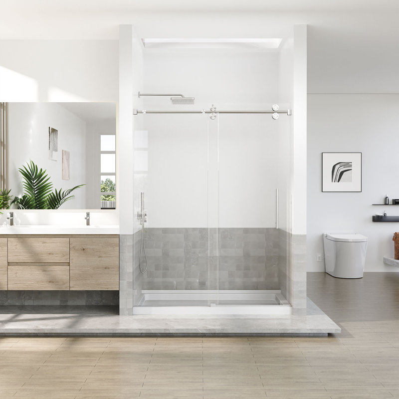 Porte de douche coulissante simple sans cadre de 56 à 60 po x H 76 po avec verre trempé de 3/8 po (10 mm), Nickel brossé
