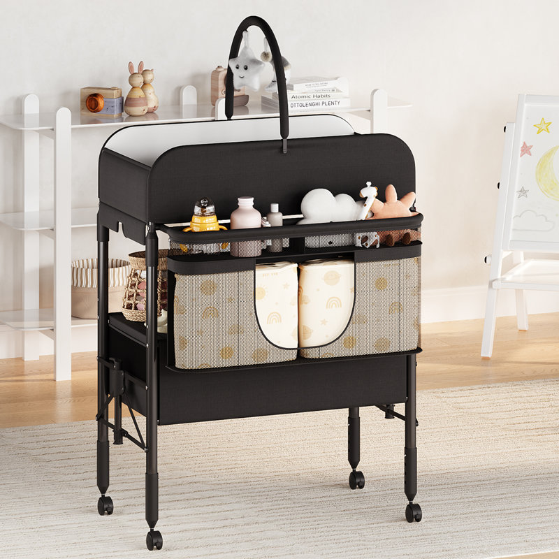 Table à langer pliante portable avec tiroirs et roues, hauteur réglable à 4 niveaux, organisateur de chambre de bébé mobile avec coussin imperméable et règle de croissance, noir