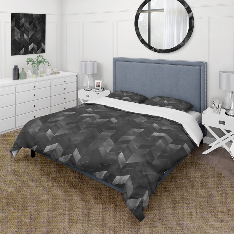 Ensemble de housse de couette traditionnelle à motif de chevrons noir I, Housse de couette pour grand lit et 2 taies décor