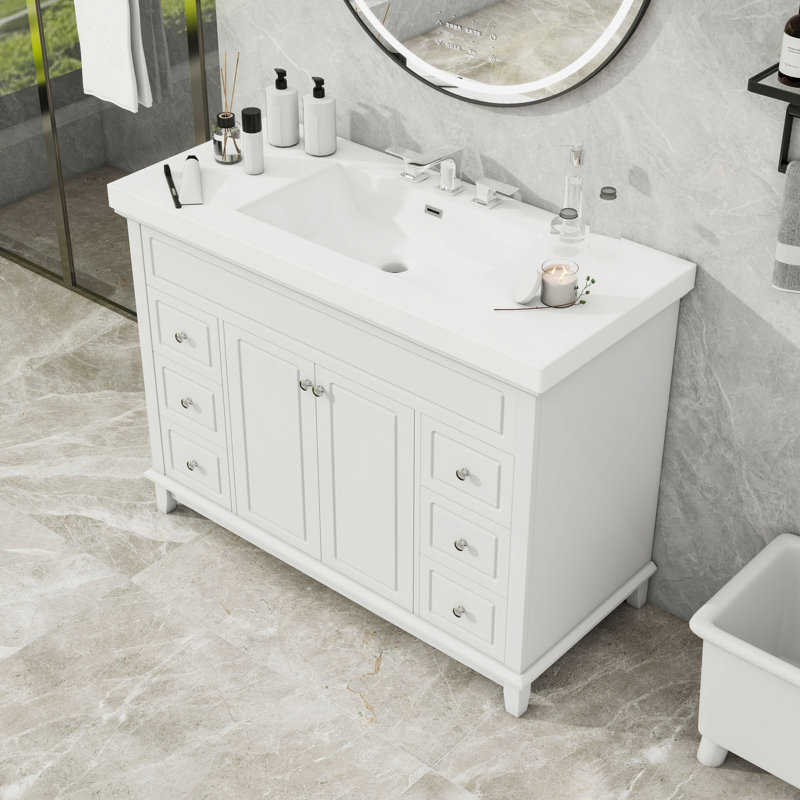 Meuble-lavabo de salle de bain avec lavabo en résine, 6 tiroirs et 2 portes à fermeture en douceur
