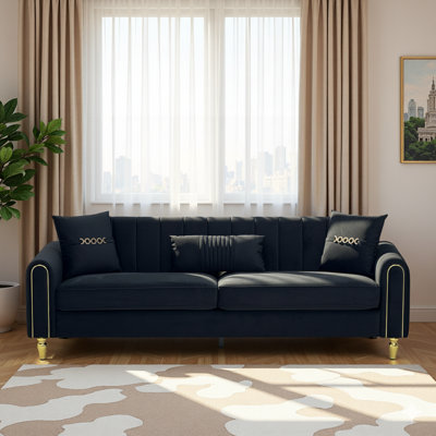  87.4 Inch 3 Seater Elegant Modern Upholstered Sofa with Gold Metal Trim, Vertical Channel Tufted Back, Black