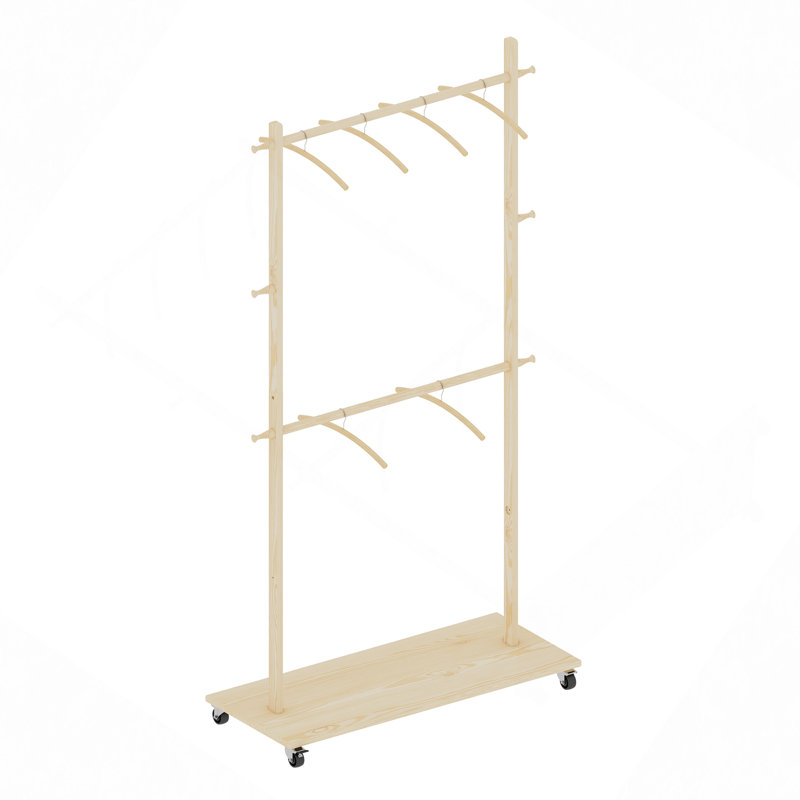 Solid Wood Garment Clothes Drying Rack With 6 Wooden Hangers, Space-Saving Design, Adjustable Shelf, And Wheels For Easy Mobility – Perfect For Bedroom, Living Room, Or Entryway