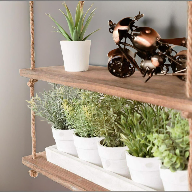 3 Tier Wooden Floating Rope Shelf Wall Mounted Decor Storage Shelves Display Rack