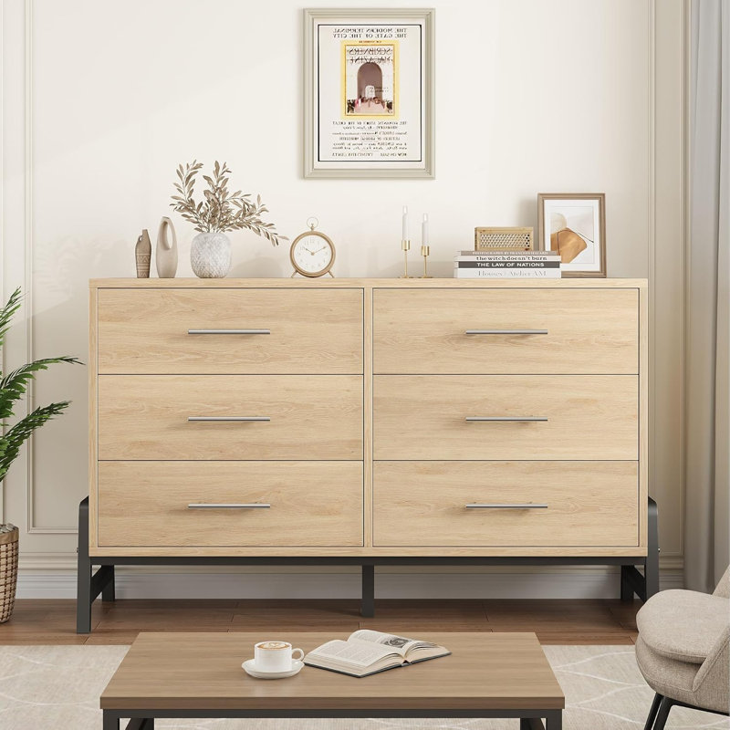 Commode de rangement autoportante en bois à 6 tiroirs de 52 pouces de largeur, Jaune