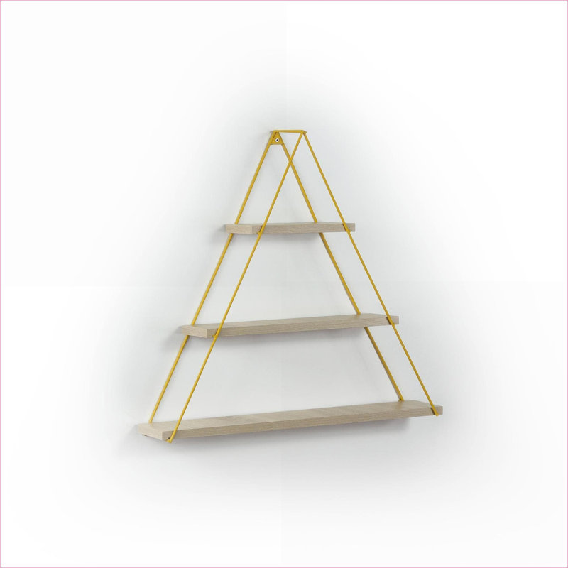 Triangle Wall Shelf | Rustic Wall Mounted Floating Shelf for Books, Oak | Mustard Yellow | Oak | Solid Metal, Oak