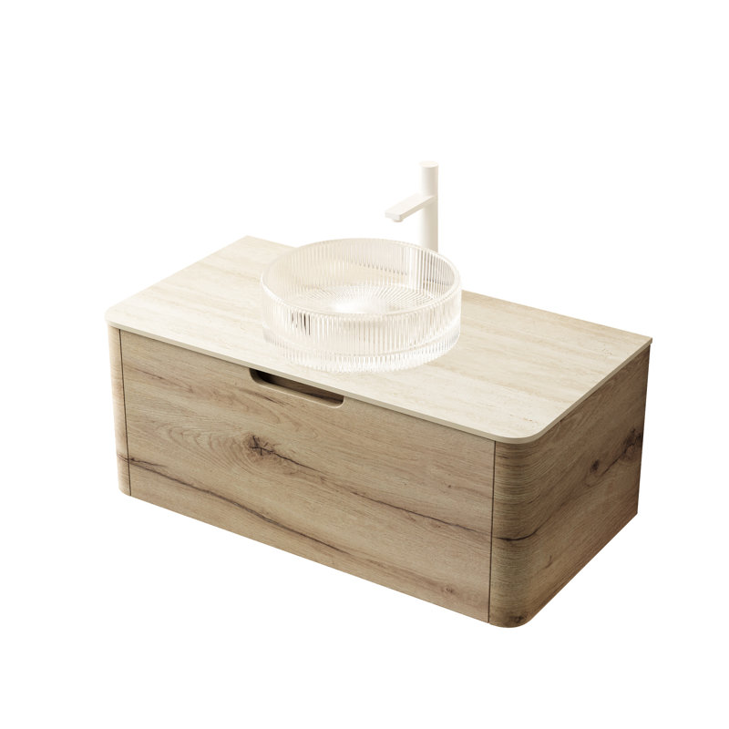 Meuble-lavabo de 36 po, lavabo rond transparent, comptoir en pierre frittée à motif, rangement en contreplaqué flottant, chêne blanc, système de tiroir à fermeture en douceur