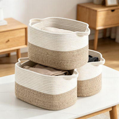Cotton Rope Woven Storage Baskets Set Of 3, Collapsible Baskets With Handles, For Baby Diaper Hamper Toy Organizer And Laundry Basket