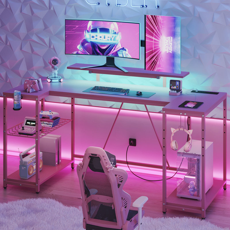 63"U-Shaped Gaming Desk with Power Outlet,Computer Desk with LED Lights & Adjustable Shelf, Pink, 36" H x 63" W x 31.5" D