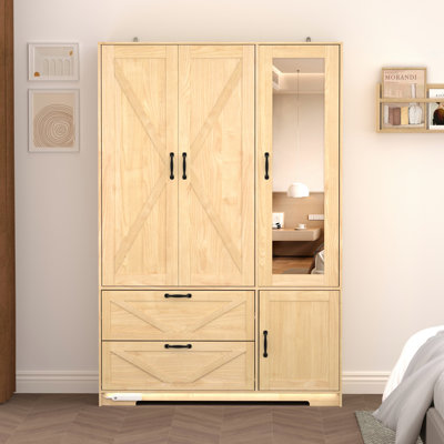 Armoire 4 portes avec miroir, armoire à DEL avec portes et 2 tiroirs, armoire de rangement en bois avec tringle, tablettes réglables, naturel