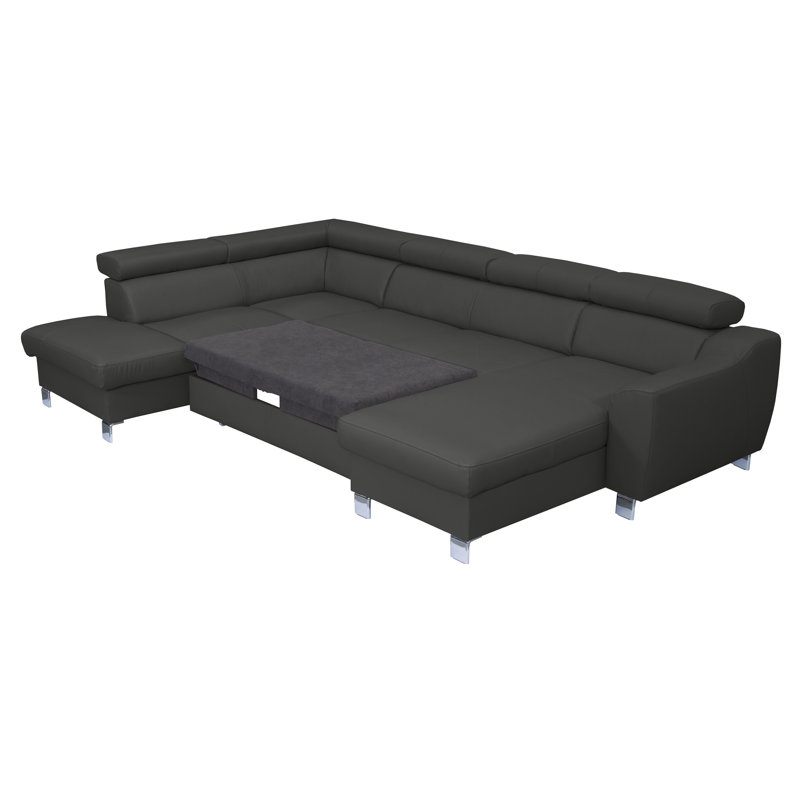 Raedynn Faux Leather Large Corner Sofa with Sleeping Function and Storage Box with Adjustable Headrests , Grey