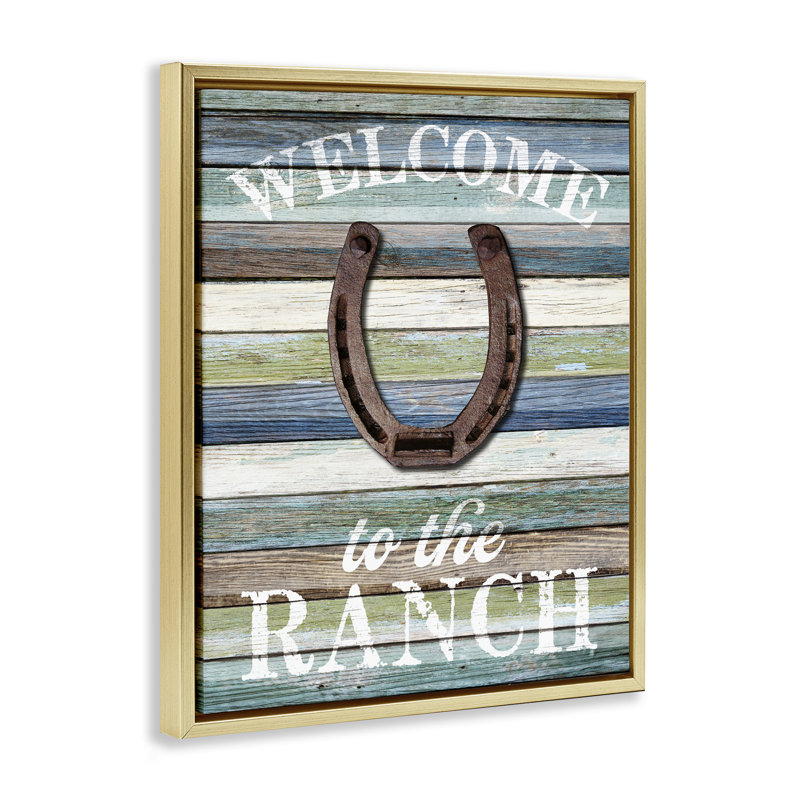 «Welcome Ranch with Horseshoe», art mural encadré flottant par Susan Arnot, Cadre flottant métallique doré, H 31 po x l 25 po