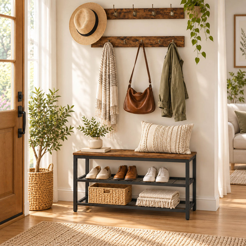 3-in-1 Industrial Hall Tree with Bench, Coat Hooks and Shoe Rack